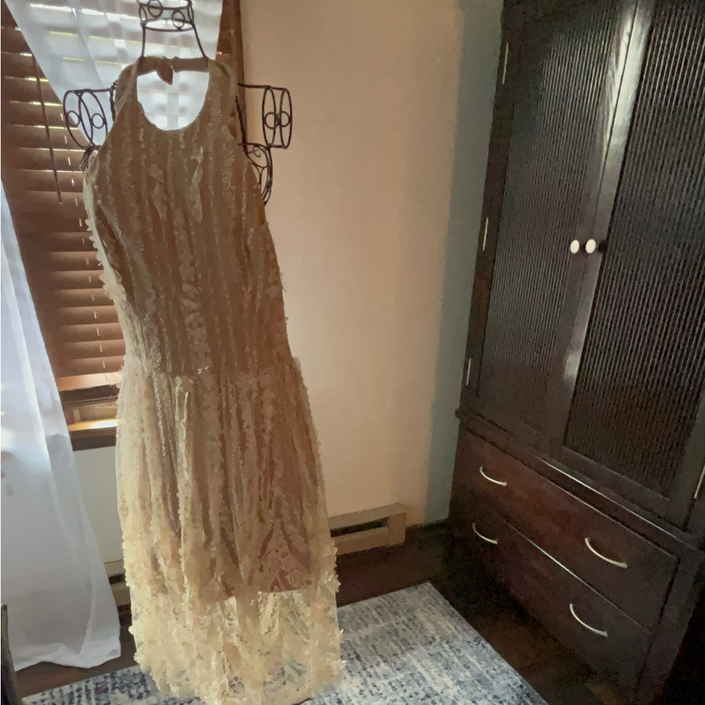 Lovely lace halter dress. Ankle length lace over knee length lining g.